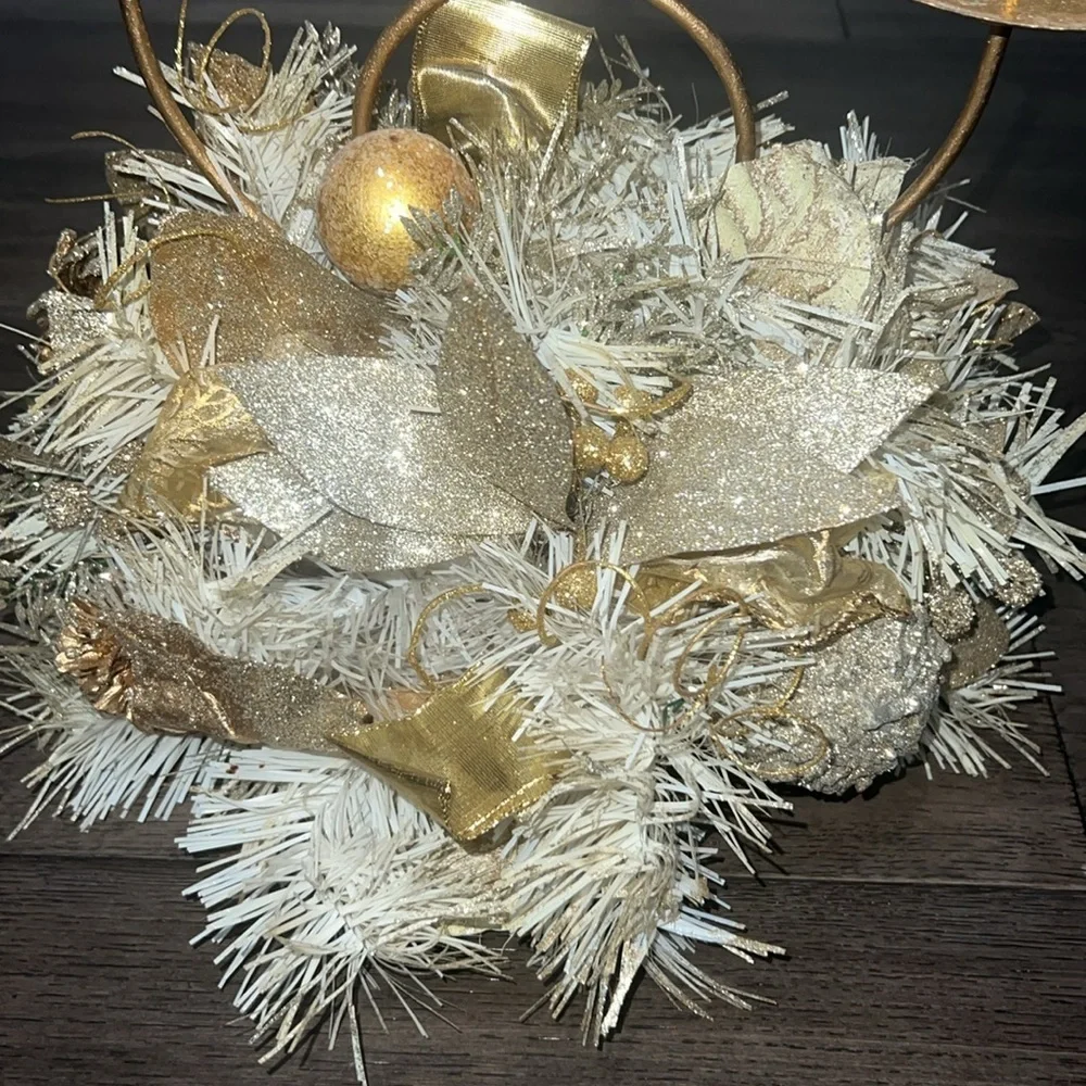Gold Holiday three tier candle holder with glitter and ribbon